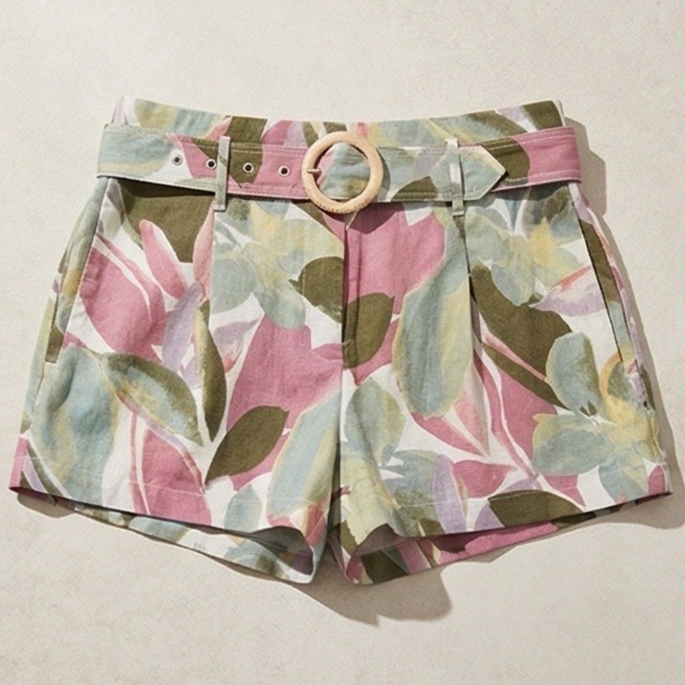 Tahari Womens L Pink Green Floral 100% Linen Belted Shorts‎ Size Large NWT